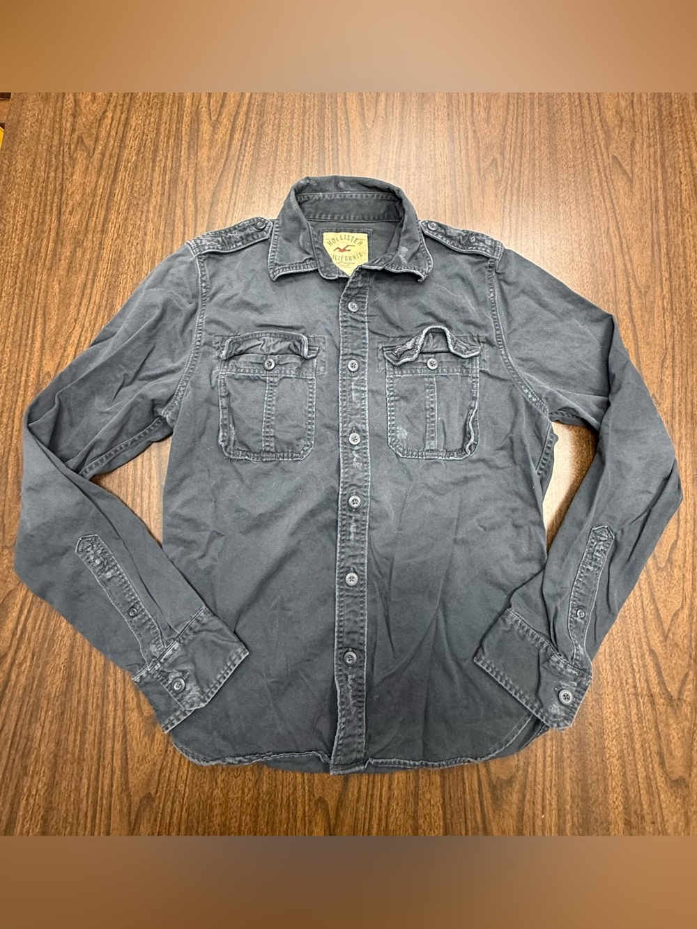 Hollister Distressed Navy BlueMilitary Style Long-Sleeve Button-Down Y2K XL